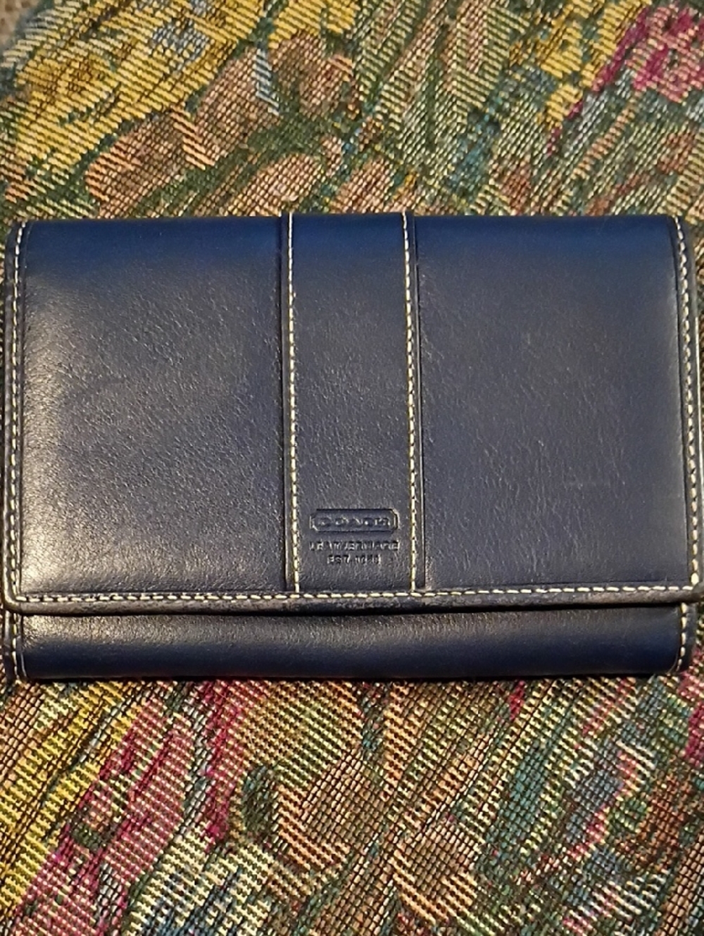 Coach Navy Leather Trifold Wallet with White Stitching